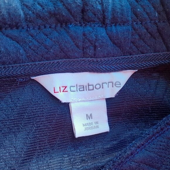 VTG. Liz Claiborne Navy Drawstring Kangaroo Pocket Cable Mockneck Sweater M - Picture 9 of 11